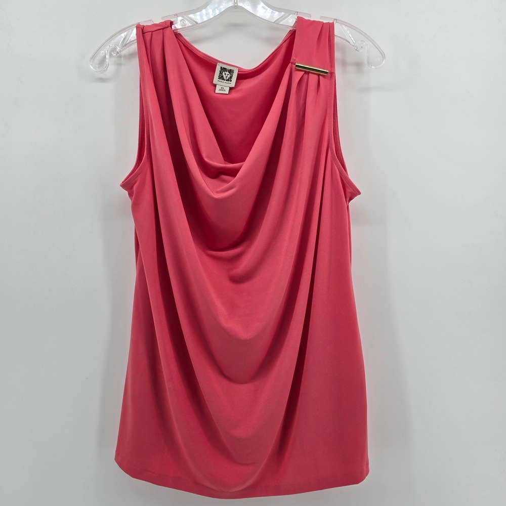Anne Klein Womens XL Coral Pink Cowl Neck Sleeveless Blouse Gold Hardware Accent